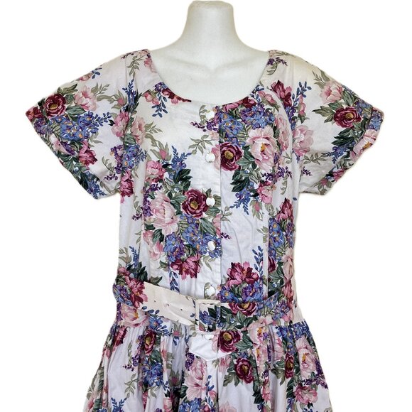 Cannes Collection Floral Maxi Dress w/ Belt Short Sleeves Drop Waist Vintage 90s - Picture 2 of 13